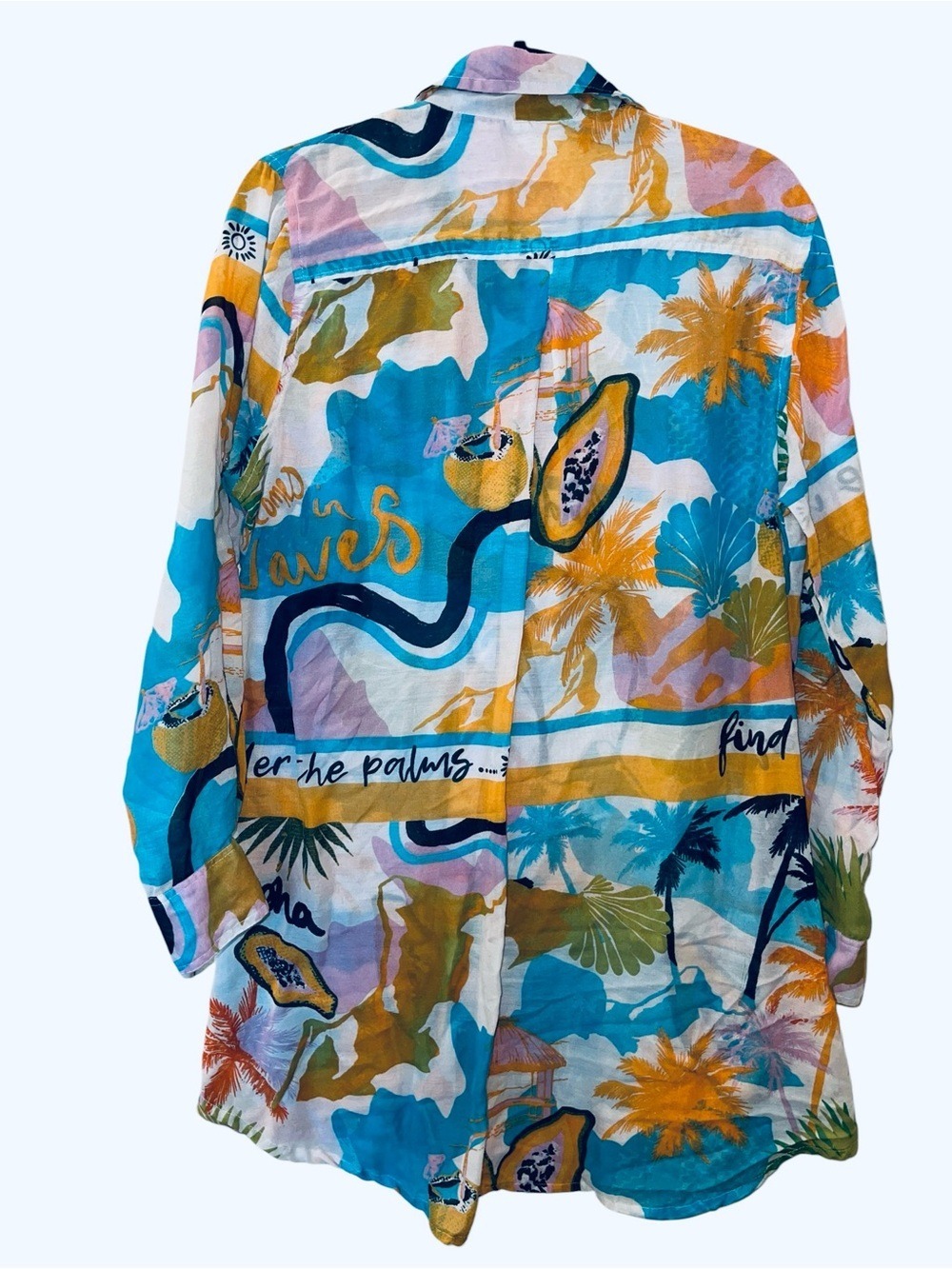 Violet Sky Shirt Dress Women Blue Orange Tropical Palm Tree Button Down Tunic L - Picture 4 of 4